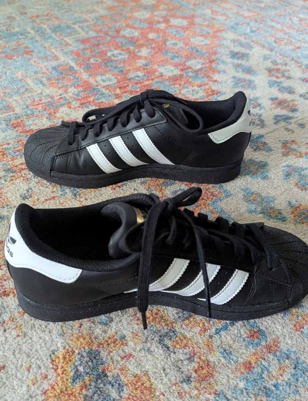 Adidas Originals Superstar J Leather Black/White/Gold EF5398 Men's 7 Women's 8